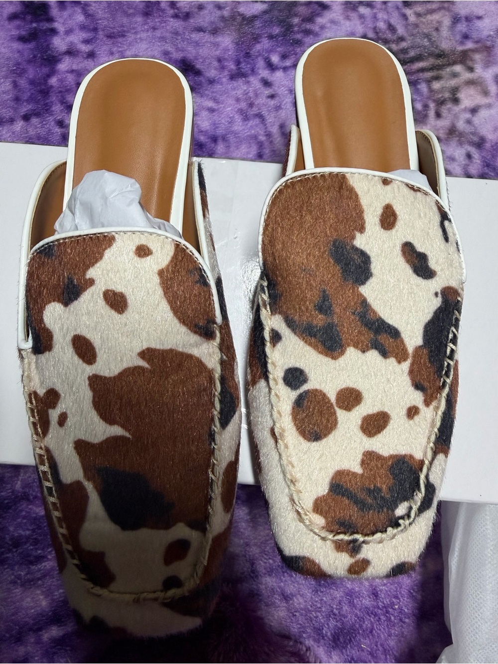 NEW Cow Print Faux Fur Mule Loafers Women’s Size 8 Western Cowgirl Slip On Flats